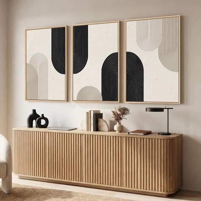 mxart Large Framed Boho Neutral Abstract Wall Art for Living Room, 3 Piece Black and Beige Canvas Prints Artwork for Walls, Modern Minimalist Boho Geometric Wall Art Decor for Hallway Dining Room, 24x36 In