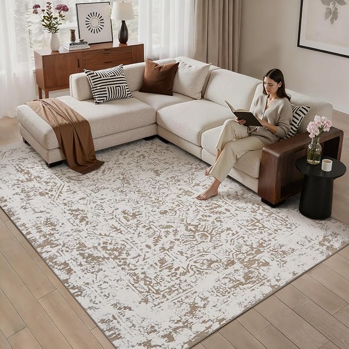 8x10 Fluffy Area Rug Brown Shag Neutral Carpet for Living Room Soft Medium Pile Floral Large Rug for Bedroom Dorm Office Dining Room Kitchen Nursery Modern Decor