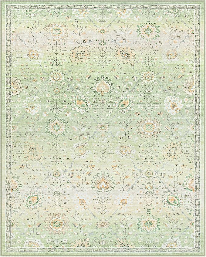 Lahome Flavie Sage Green Area Rug 8x10 for Living Room Bedroom, Soft Boho Floral Machine Washable Rugs, Non Slip Indoor Carpet for Nursery Playroom Indoor Home Decor