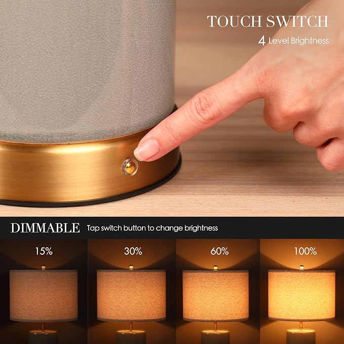 O’Bright Dune - Battery Powered Table Lamp, Rechargeable Cordless Ceramic Lamp, Full-Size 19.5 Inch Height, Dimmable, Smart Safety Protection, Type-C Fast Charging, LED Bulb Included, Stone Grey