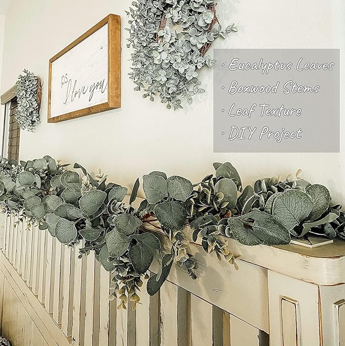 Ouddy Decor 2 Pack Eucalyptus Garland Total 13.1 Ft Lush Silver Dollar Leaves Boxwood Artificial Faux Greenery Vines for Baby Shower Wedding Party Table Runner Room Home Mantle Decor
