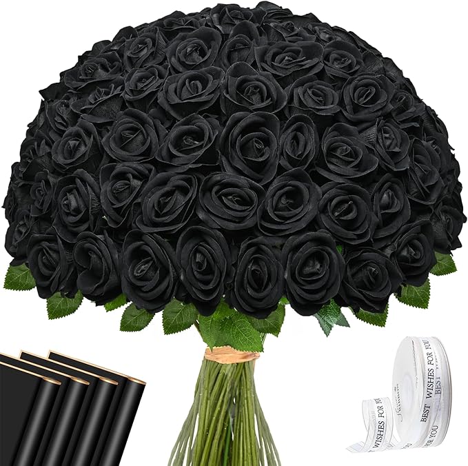 Waipfaru 50 Pcs Black Roses, Fake Roses Artificial Velet Flowers for Valentines Mothers Day Wedding Centerpieces Decor (Black)