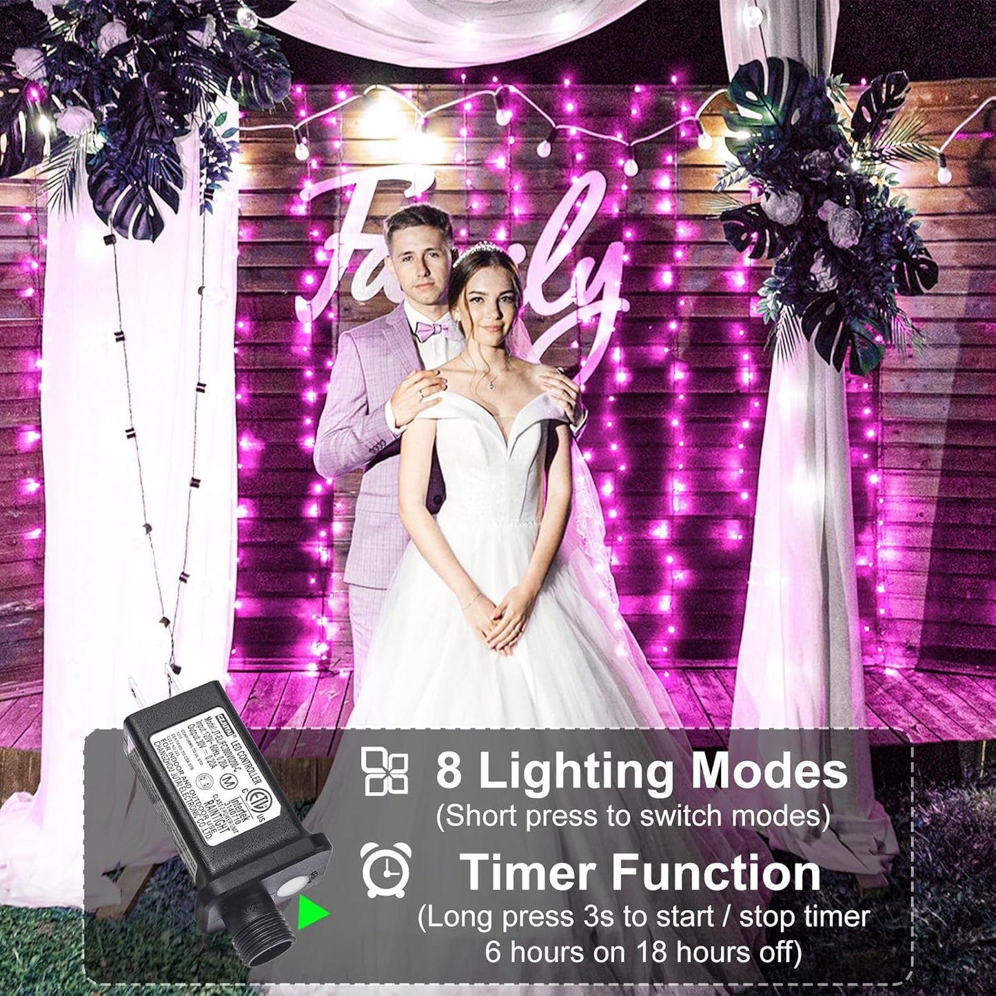 Christmas Lights Outdoor, 66FT 200 LED Christmas Tree Lights with 8 Modes Waterproof, Plug in Green Wire Connectable Twinkle String Light for Indoor Bedroom Patio Wedding Holiday Decor, Pink