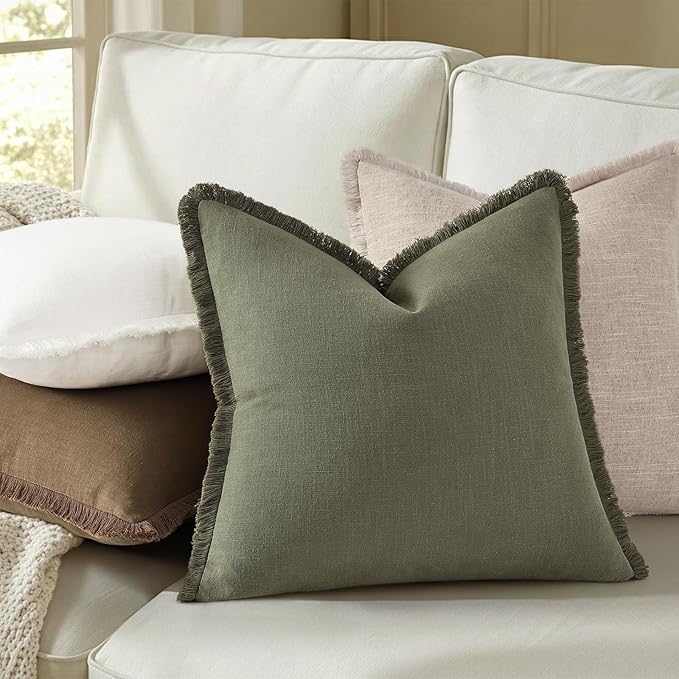 decorUhome Summer Decorative Neutral Linen Fringe Euro Sham Throw Pillow Covers Set of 2 Olive Green Pillow Covers with Tassels Soft Farmhouse Boho Accent Pillow Cases for Couch Bed Sofa 24x24 Inch