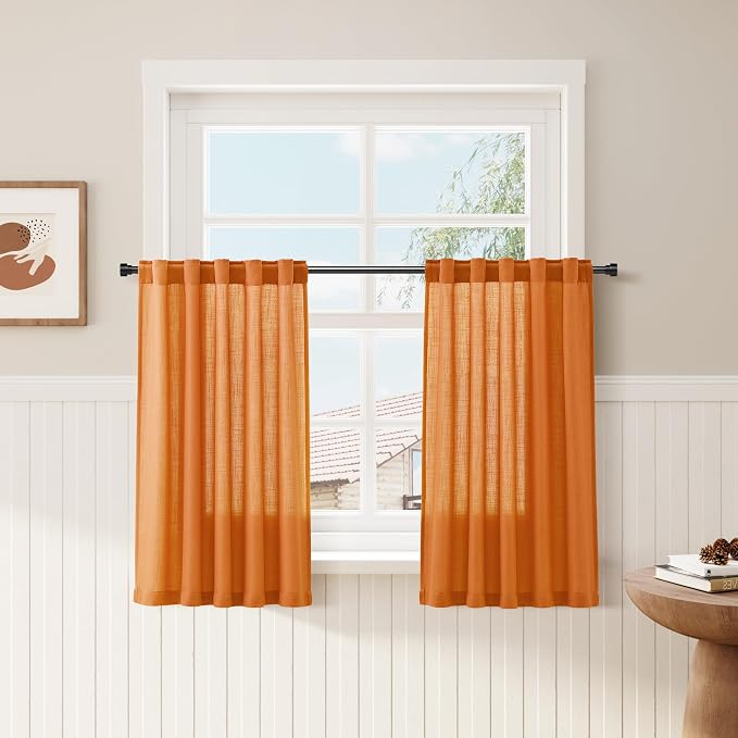 Orange Linen Cafe Kitchen Short Curtains 24 Inch Length 2 Panels Semi Sheer Linen Rustic Curtain Light Filtering Valances with Back Tab Rod Pocket for Boho Small Windows Cafe Bathroom 30Wx24L