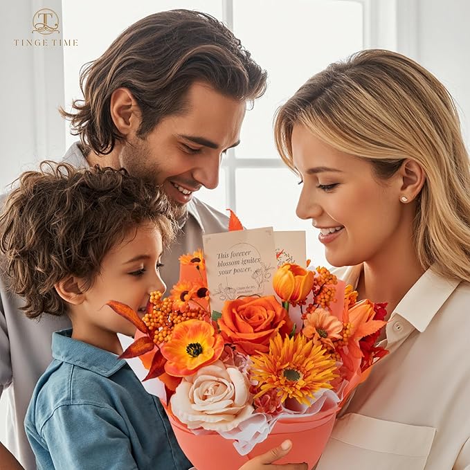 TINGE TIME Preserved Flowers Bouquet, Sunflower and Rose Bouquets, Orange Artificial Flowers Bouquet for Table Centerpiece Mothers Day Gifts Birthday Gifts Wedding Anniversary Housewarming