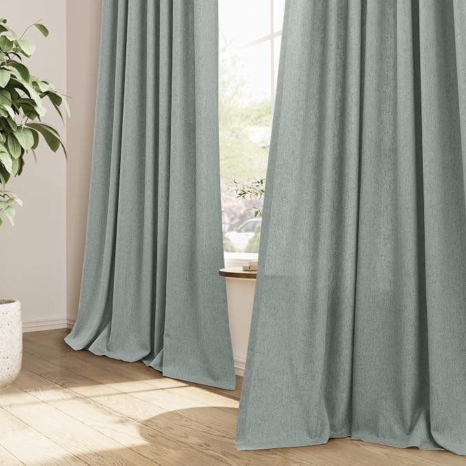 Desert Sage Pinch Pleated Linen Curtains 108 Inch Length 2 Panels Set for Living Room Bedroom Modern Farmhouse Country Privacy Light Filtering Semi Sheer Back Tab Drapes with Hooks for Nursery 40x108
