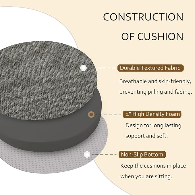 ELFJOY Round Chair Cushions for Dining Chairs Non Slip High-Resilience Foam Chair Pads 2" Thick Seat Cushions for Kitchen Chairs Set of 2 16" Dark Grey