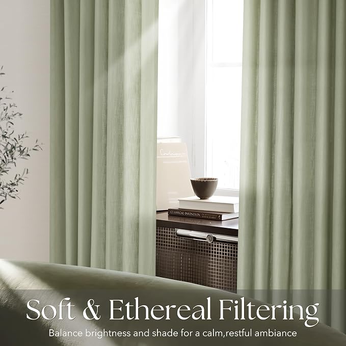 Pinch Pleated Sage Green Curtains 120 inch Long for Living Room 2 Panel Set Light Fitering Semi Sheer Light Green Linen Curtain with Pleat Hooks Rustic Farmhouse Sage Drapes 10 ft Length 40"x120"