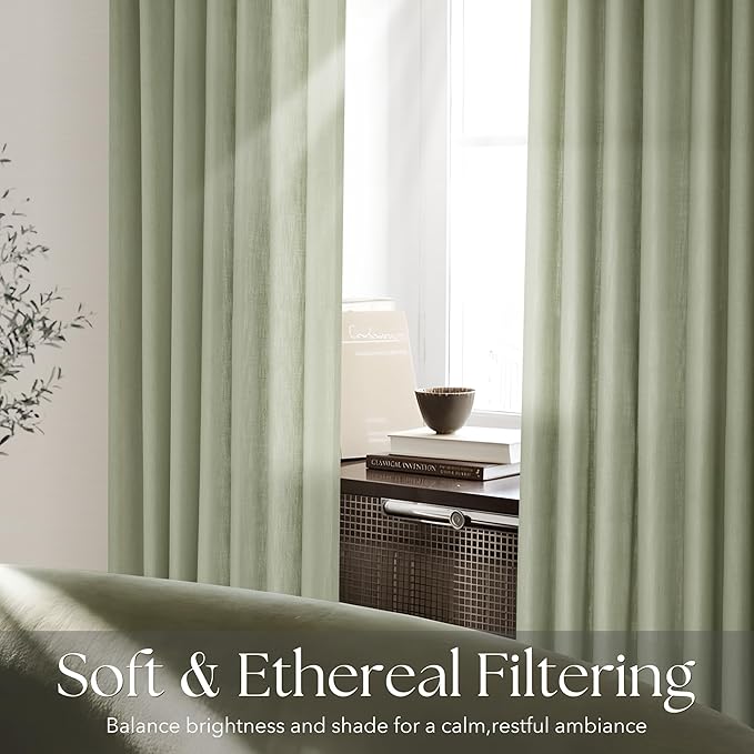 Pinch Pleated Sage Green Curtains 108 inch Long for Living Room 2 Panel Set Light Fitering Semi Sheer Light Green Linen Curtain with Pleat Hooks Rustic Farmhouse Sage Drapes 9 ft Length 40"x108"