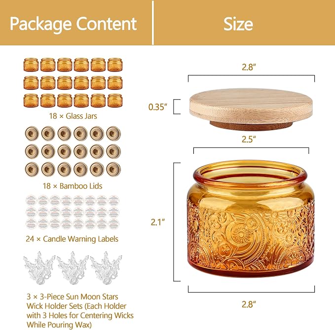 4 oz Orange Sun Moon Stars Candle Jars with Bamboo Lids, 18 Pack | Patented Embossed Design, Includes Wick Centering Devices & Warning Labels, Multiple Color Options