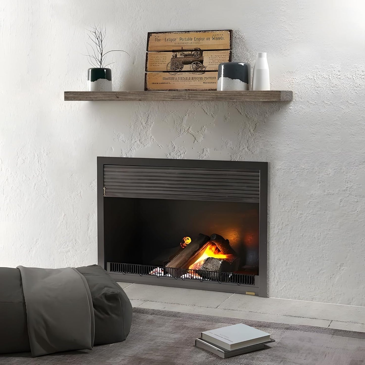 Floating Shelves, 8 Inch Deep Rustic Solid Reclaimed Wood Wall Shelves for Storage, Wall Mounted Display Shelving with Invisible Heavy-Duty Metal Bracket, 24 Inch Width Set of 2, Cement Grey