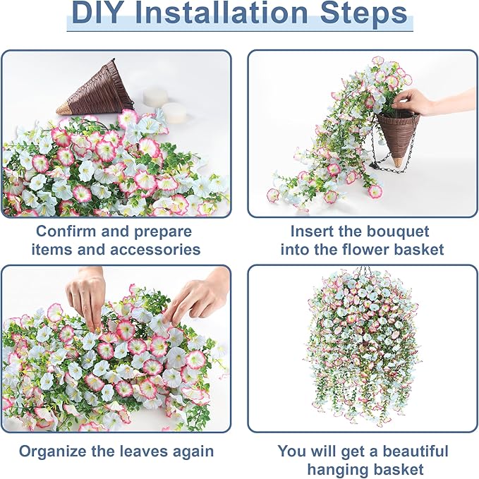 Artificial Hanging Flowers with Basket, 480 Blooms UV Resistant Faux Morning Glory Silk Plants, Fast & Easy Assembly Fake Hanging Baskets for Outdoor Porch Patio Garden Decor, Blue&White