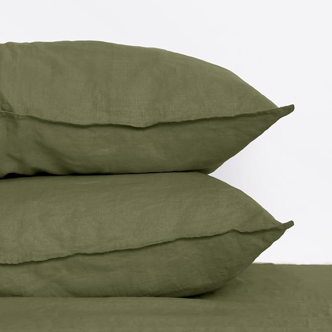 Linen Pillow Cases Set of 2,20"x30" Standard/Queen Size,100% French Natural Flax Soft Linen Pillowcases,Olive Branch