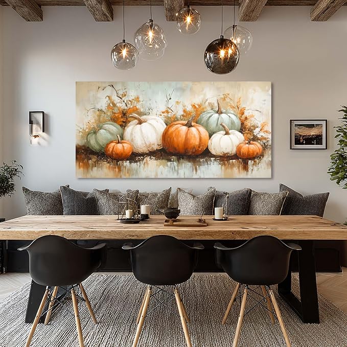 Ggaafet Autumn Pumpkin Wall Art for Living Room Canvas Oil Painting Prints Beautiful Fall Still Life Art Deco Retro Rustic Artwork Office Bedroom Farmhouse Dining Room Decor Extra Large