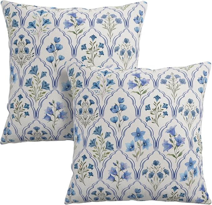 Vintage Flower Block Print Throw Pillow Covers Blue Green Floral Pillow Covers 16x16 Set of 2 Spring Summer Pillow Cases Boho Farmhouse Cushion Cases for Home Sofa Couch Decor