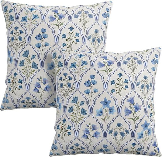 Blue Green Flower Block Print Pillow Covers Spring Summer Rustic Boho Throw Pillow Covers 18x18 Vintage Floral Pillow Cases for Home Farmhouse Bed Sofa Couch Decor 2 Pack