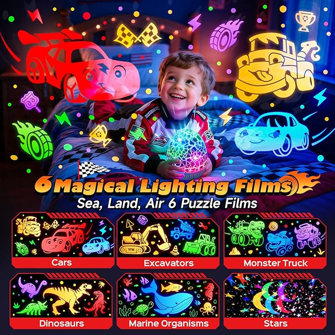 PIKOY Toddler Toy Cars Toy Projector | 6HD Films+15 Sounds+31 Colors+Remote Control+360°Rotating | Egg Light for Nursery Toy Cars for Toddlers 1-3 Toys for Boys Age 4-7 Boy Birthday Gifts 1-8 Years