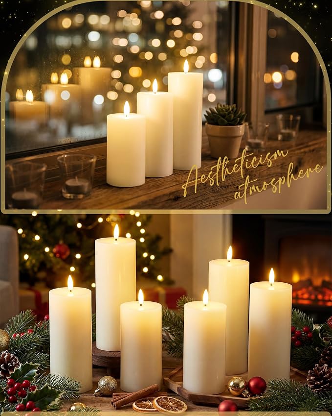 VIHOSE 6 Pack Lvory White Flameless Candles Set with Remote and Timer Flickering Flameless Battery Candles Flat Top LED Pillar for Wedding Outdoor Home Festival Decoration(D 3'' H 6'' 7'' 8'')