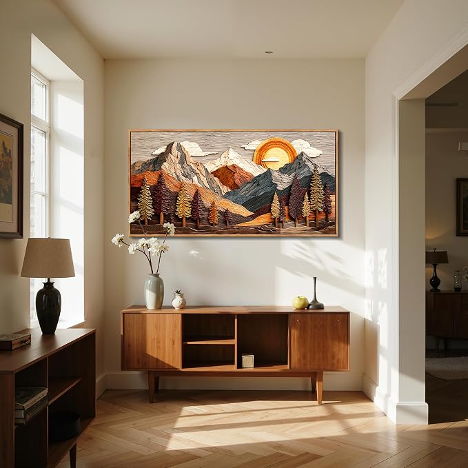 imjiayu Large Framed Wall Art, Mountain Wall Art, Rustic Wall Decor, Abstract Landscape Nature Decor, Sunset Painting Prints, Boho Big Pictures for Living Room Bedroom Hallway Farmhouse 24"x48"