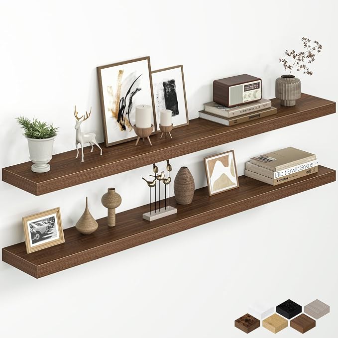 Fun Memories 55 Inch Floating Shelves for Wall, 8 Inch Deep Rustic Wood Wall Mounted Shelves with Invisible Brackets for Bathroom, Bedroom, Kitchen & Living Room Storage Decor, Walnut, 2 Pack