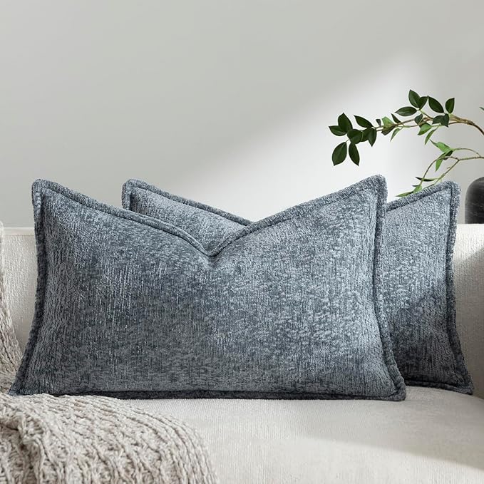 DEZENE Pack of 2 Dusty Blue Decorative Throw Pillow Covers 12x20 Cozy Soft Chenille Boho Accent Vintage Farmhouse Rectangular Lumbar Couch Pillow Covers for Home Decor Bed Sofa Living Room