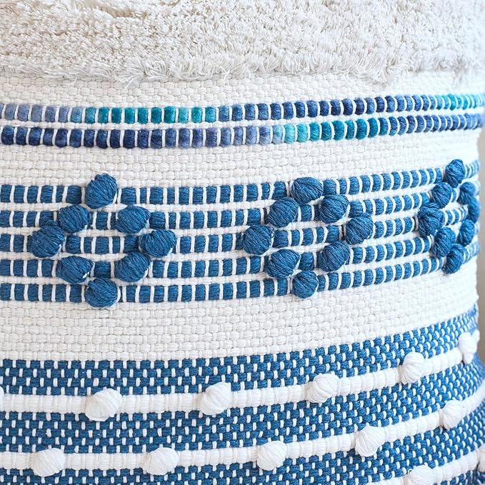 DEZENE Handmade Decorative Pillow Cover Boho Accent Woven Textured Square Throw Pillow Case for Couch Sofa Farmhouse Living Room Home Decor 18"x18" Navy Blue