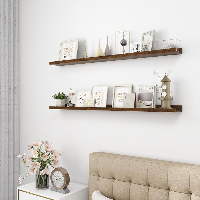 Acovy Picture Ledge Shelf, Wood, 48 inch, Set of 2, Walnut | Long Floating Shelves, Wall Mounted, For Living Room Kids' Room Bedroom, Photo Ledge Nursery Book Shelves