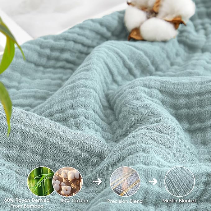 David's Home Soft Muslin Blanket Queen Size for Adults, 60% Rayon 40% Cotton, Breathable Lightweight Cooling Blanket for Hot Sleepers, 4-Layer Cozy Gauze for Bed, 90"x90", Teal Blue