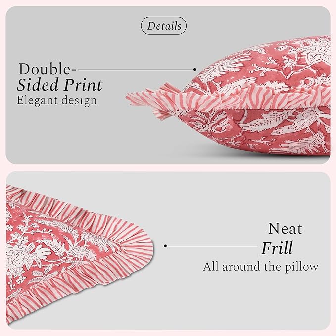 CPC Pink Coral Ruffle Throw Pillow Covers for Couch, 24x24 Inch Cotton Stripe Ruffle Couch Pillows for Living Room, Hidden 20 Inch Zipper Boho Pillow Case or Cute Outdoor Pillows