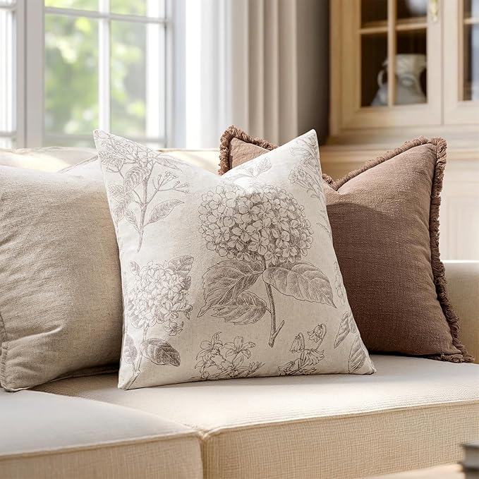 Set of 2 Decorative Floral Neutral Pillow Covers 20x20 Inch Light Camel Hydrangea Print Spring Boho Vintage Throw Cushion Covers for Sofa Couch Porch Bedroom Living Room Summer Home Decor