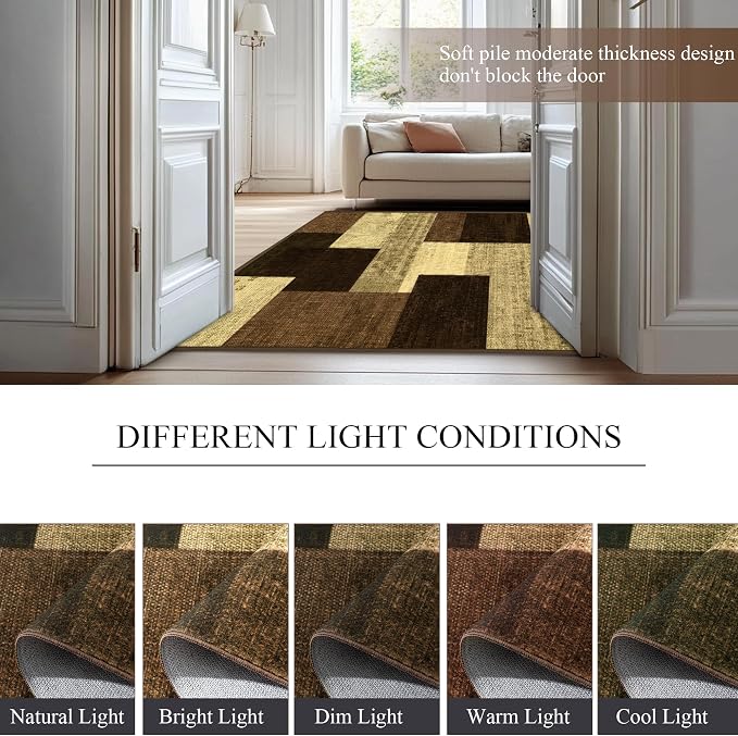 Modern Geometric Patchwork Indoor Area Rug for Living Room, Warm Taupe 10x14 Large Rug Rockwood Collection Hardwood Floors Decor for Bedroom, Taupe Throw Carpet for Office Entryway Dining Room