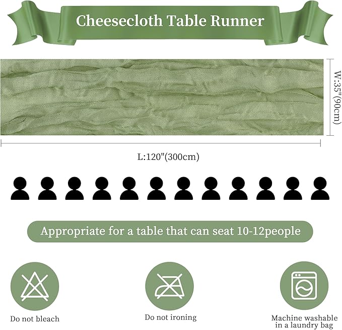 6 Pack Sage Green Cheesecloth Table Runner 10FT Long Easter Spring Boho Gauze Table Runner Rustic Sheer Runner for Spring Wedding Bridal Baby Shower Birthday Party Table Decor Easter Decorations