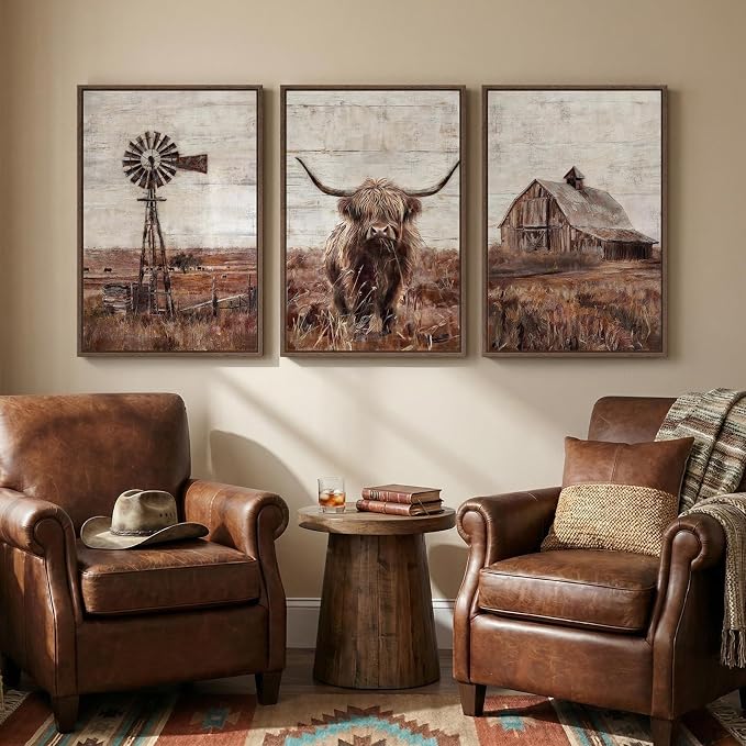 Framed Highland Cow Wall Art for Living Room, Set of 3 Pieces Modern Farmhouse Canvas Prints, Brown Rustic Country Barn Wall Decor for Bedroom Dining Room Hallway 20x30 Inch