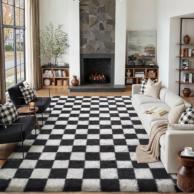 PureCozy Checkered Rug 8x10 for Living Room, Black and White Modern Shag Rugs Super Soft Washable Indoor Office Fuzzy Carpet Non-Slip Fluffy Rugs for Bedroom Home Aesthetic Decor