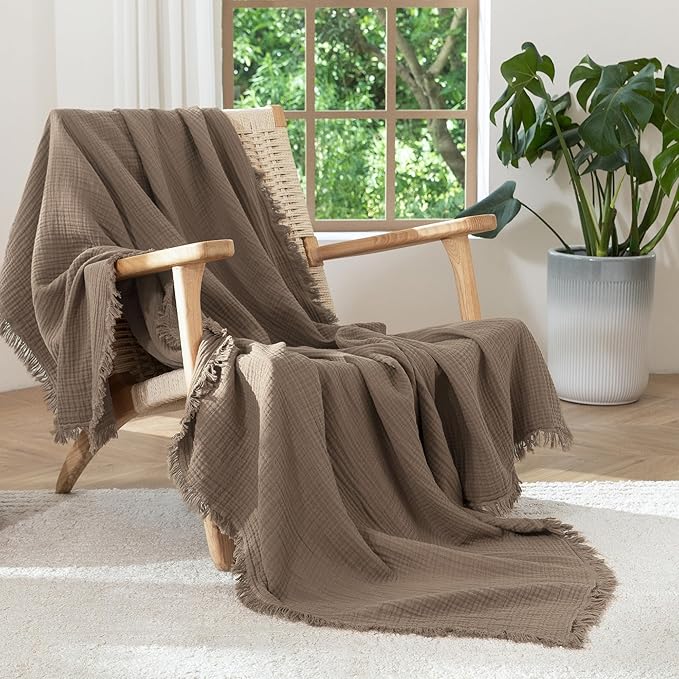 MooMee Muslin Blanket - 100% Cotton 4-Layer Gauze Throw Blanket with All-Around Fringe, Soft Breathable Lightweight Cooling Summer Blankets for Bed Couch(Brown,Throw 60" x 50")
