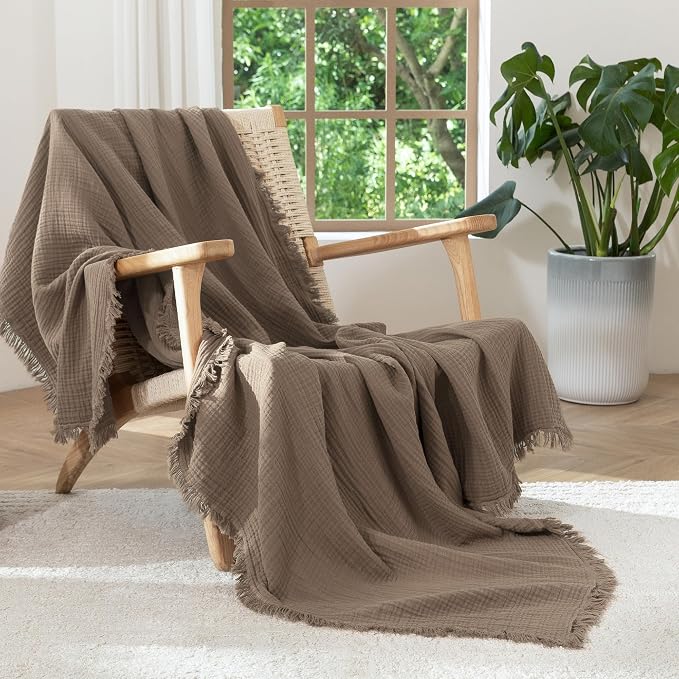 MooMee Muslin Blanket - 100% Cotton 4-Layer Gauze Throw Blanket with All-Around Fringe, Soft Breathable Lightweight Cooling Summer Blankets for Bed Couch(Brown,Twin XL 66" x 90")