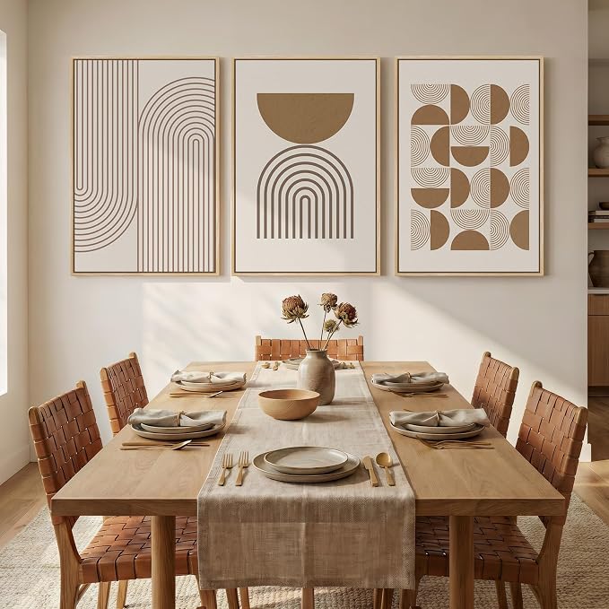 Large Framed Abstract Neutral Boho Wall Art for Living Room, 3 Piece Beige Mid Century Modern Canvas Artwork for Walls, Bauhaus Geometric Prints for Bedroom Office Dining Room Wall Decor, 24x36 Inch