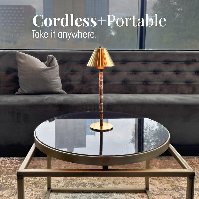 Bamboo Cordless LED Table Lamp – Rechargeable 24-Hour Battery, Dimmable Warm Light, 15" Portable Wireless Lamp with Remote for Indoor/Outdoor Use, Home, Patio, Restaurant – Polished Gold