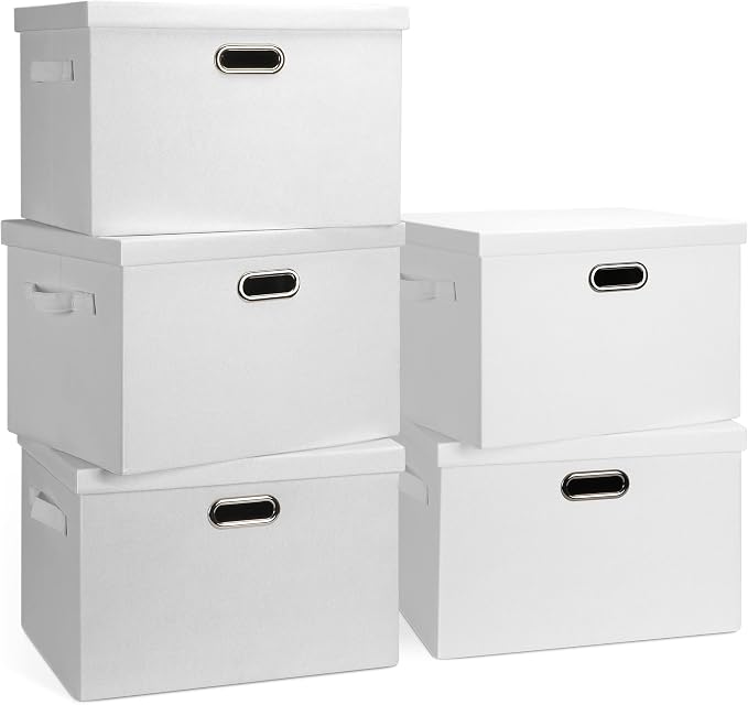 Graciadeco Large 17" 36 Quart Collapsible Stackable Storage Bins with Lids, 5 Packs White Linen Fabric Closet Boxes with Lids, Storage Cube Baskets Container Organizers for Bedroom Office(17 x12 x11)