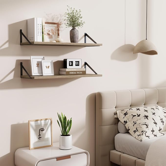 Acovy Deep Floating Shelves for Wall,30" Wx10 D Wood Floating Shelf Set of 2,Sturdy Metal Bracket Wide Display & Storage,Wall Mounted Hanging Floating Shelves for Living Room,Bedroom,Kitchen,Grey
