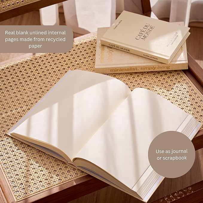 Decorative Coffee Table Books Set of 3 – Neutral Home Décor Beige Hardcovers with Removable Black & White Covers, Real Blank Pages, Modern Room Décor Aesthetic Faux Books for Shelf & Table Styling