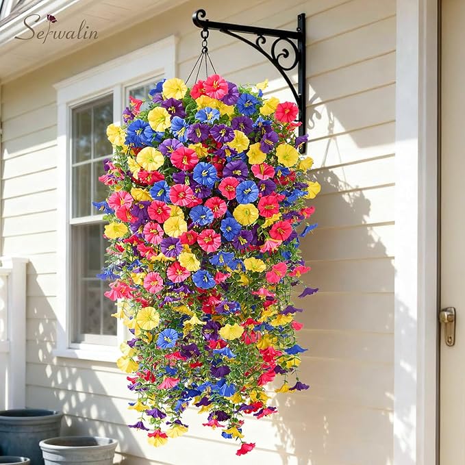 Serwalin Artificial Hanging Flowers for Outdoors UV Resistant, 4PCS Faux Morning Glory Fake Outdoor Flowers Realistic Silk Flower Faux Plants for Outside Planter Front Door Porch Patio Yard Decor