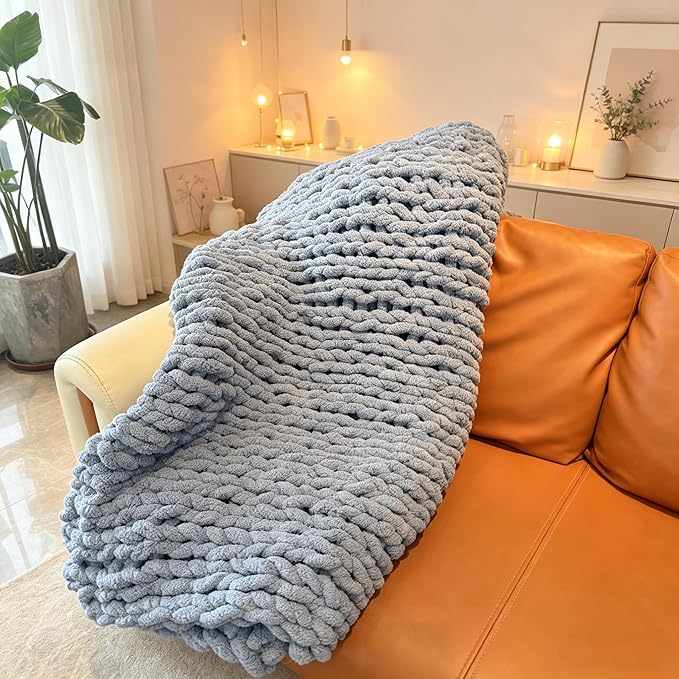 Soft Chunky Knit Throw Blanket for Couch, Cozy Warm Knitted Blankets | Hand Knit with Jumbo Chenille, Lightweight Warm Fluffy Decor for Women, Mom, Her & Girls, Sofa, Chair, Bed,48"×71"(Airy Blue)