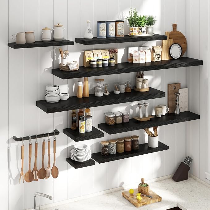 40 Inch Floating Shelves for Wall with Invisible Brackets Set of 2, 9"D Engineered Wood Wall Shelves with Wood Grain for Living Room, Bedroom, Bathroom, Kitchen Decor and Storage, Black Finish
