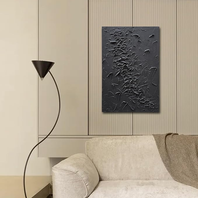 NANKAI Art Hand-Painted Black Thick Textured Abstract Painting Contemporary Minimalist Canvas Art Oil Painting Home Office Wall Decoration, 36x24 inches