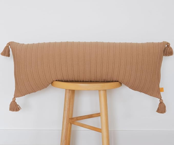 Long Knit Lumbar Pillow Cover – 14x36 Soft Ribbed Cotton with Tassels, Warm Neutral Accent for Cozy, Grounded Spaces (Mocha)