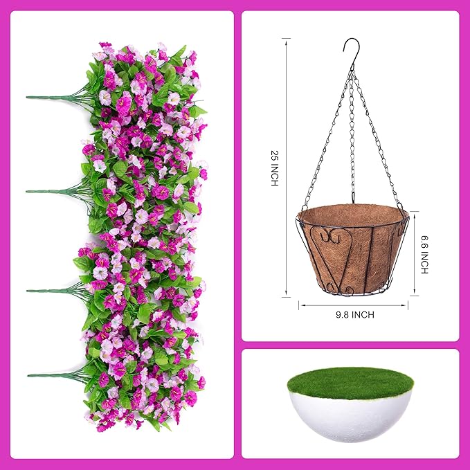 INXUGAO Artificial Flowers with Hanging Basket, Outdoor Faux Plants Silk Morning Glory Vines, Fake Green Arrangement for Garden Patio Spring Summer Decor(4pcs,Darkorchid)