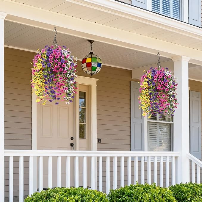 INQCMY Artificial Fake Hanging Plants Flowers Basket for Spring Outdoor Outside Decoration,UV Resistant Faux Silk Flower in Planter for Home Patio Porch Balcony Garden Yard Decor(Mixed Color)