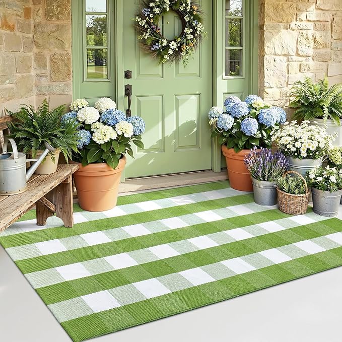 OLANLY Buffalo Plaid Rug 3' x 5' – Green and White Cotton Checkered Doormat, Washable Indoor Outdoor Rug for Layered Front Porch, Kitchen, Entryway Decor
